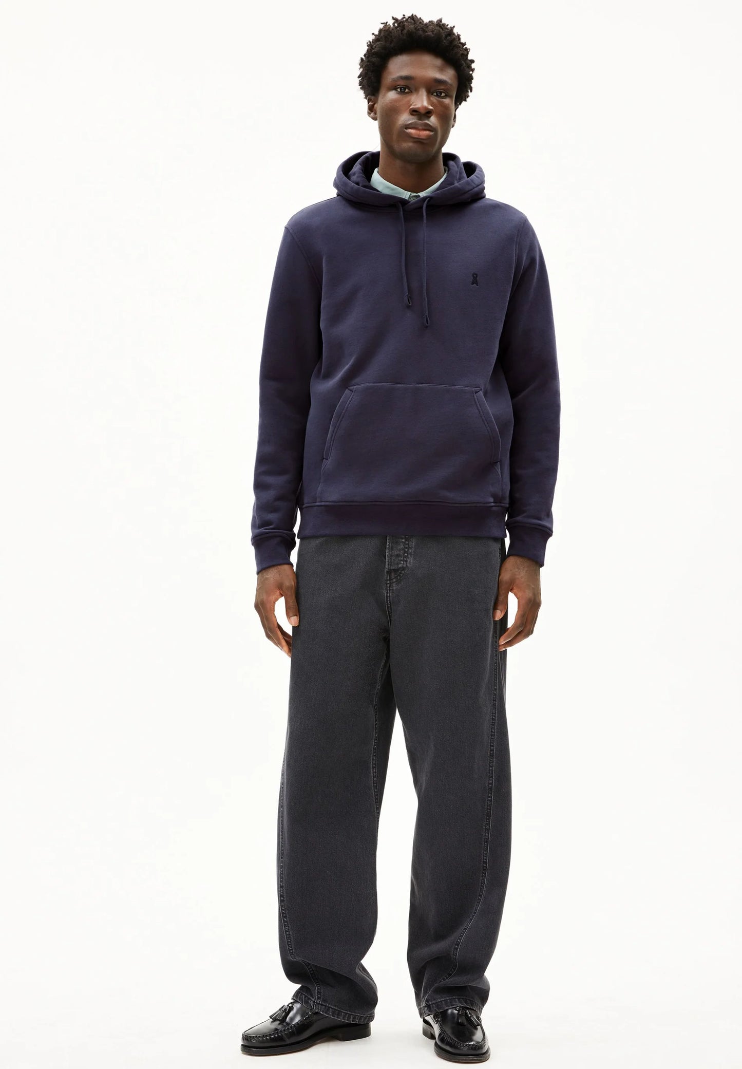 Men's Navy Hoodie by ARMEDANGELS  Canada  featuring a front pocket and adjustable drawstring hood