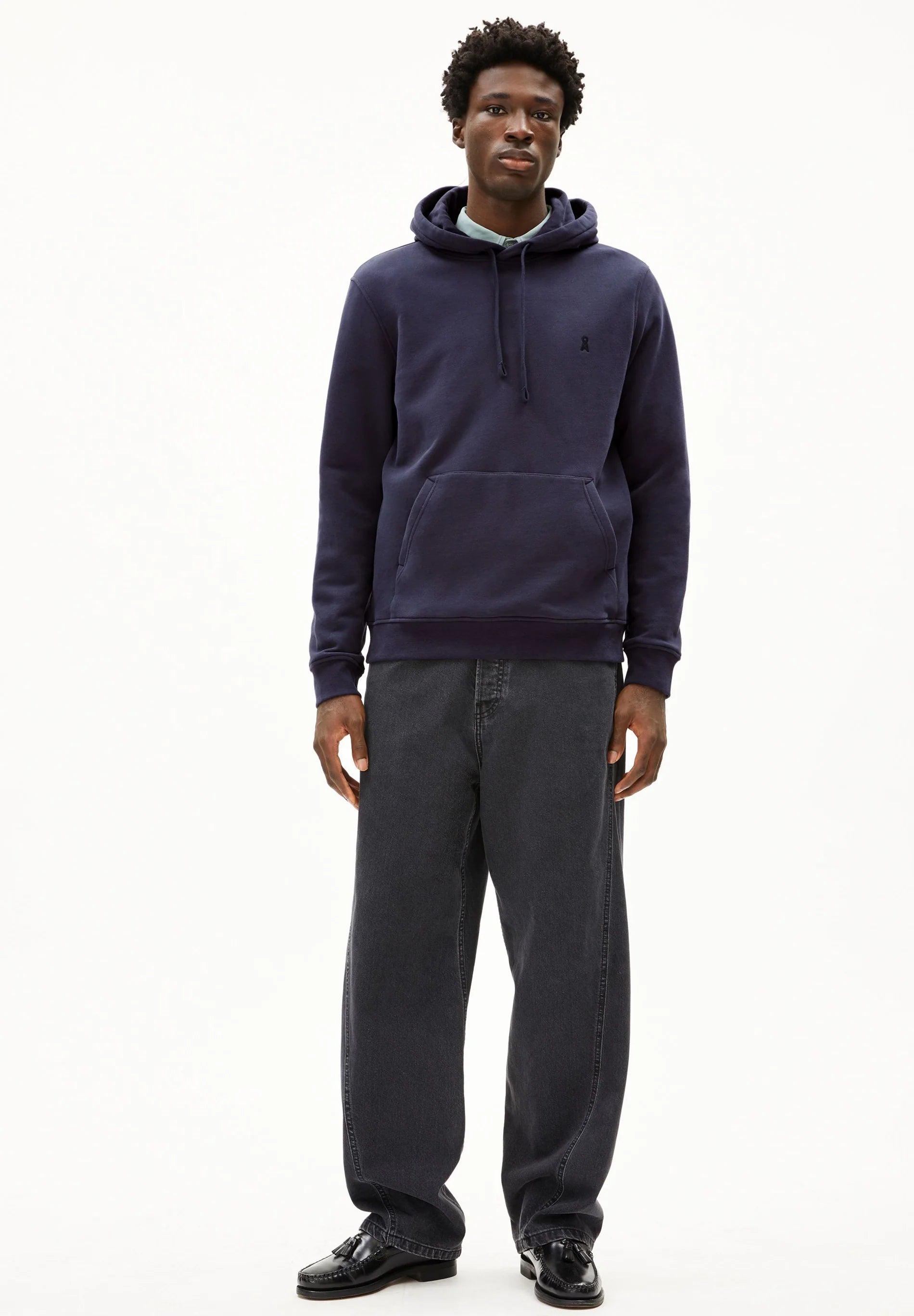 Men's Navy Hoodie by ARMEDANGELS  Canada  featuring a front pocket and adjustable drawstring hood