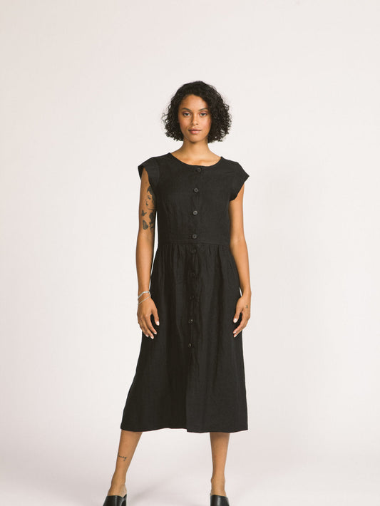 Allison Wonderland - SS24 - Blythe Dress in Black Linen - front on model 1