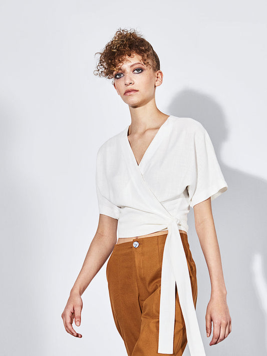 Dagg & Stacey - SS24 - Cleo Wrap Top in White Linen - on model front 1