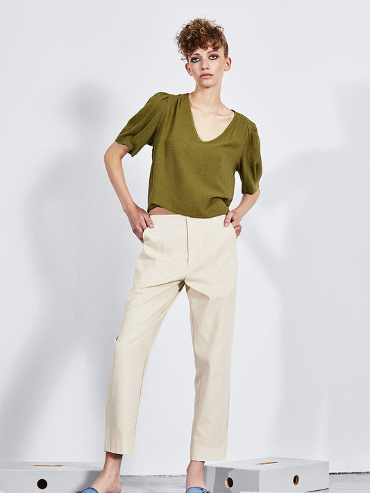 Dagg & Stacey - SS24 - Millicent Pop Over Blouse in Sea Kelp - front on model 1