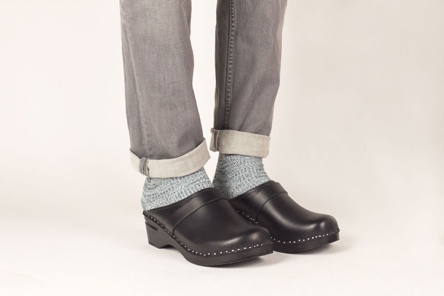 Troentorp - SS24 - Smithy Leather Clog - All Black - Black base - on model with socks 6