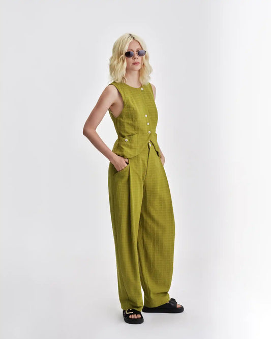 Linen Button-Down Vest by Jennifer Glasgow Design in Olive Green with Pockets for Summer Style