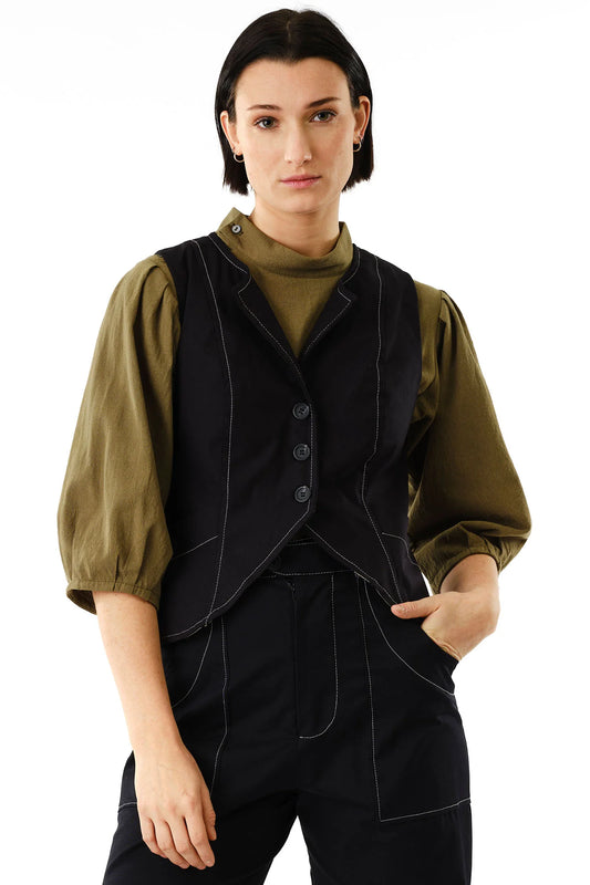 Black Button-Up Vest by Jennifer Glasgow Design featuring Contrasting Stitching and a Stylish Fit