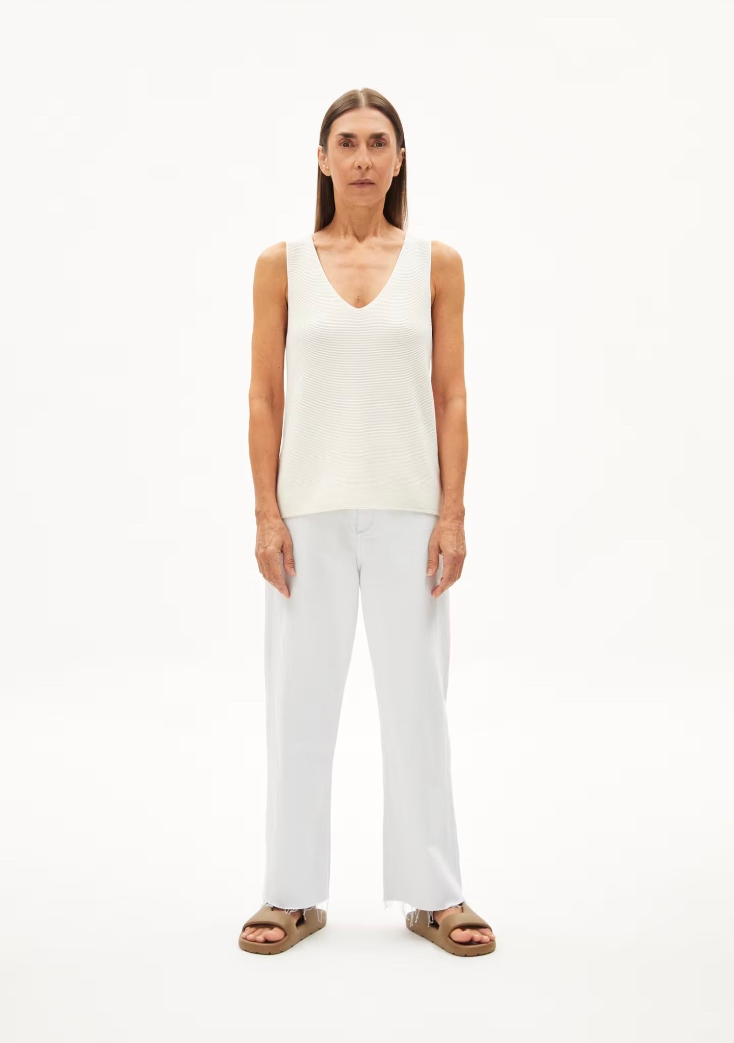 SS24 - ARMEDANGELS - Wilmaa Knit Sleeveless Top in Off White - on model full length 5
