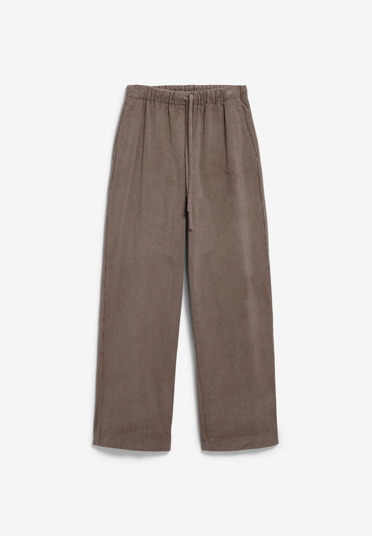 ARMEDANGELS Canada women's corduroy pants in a soft taupe color with an elastic waistband for comfort