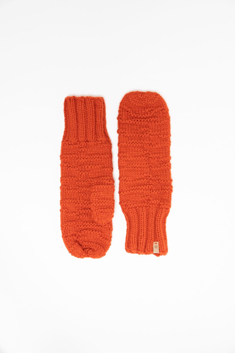 Merino Handknit Purlstripe Mittens in Burnt Orange