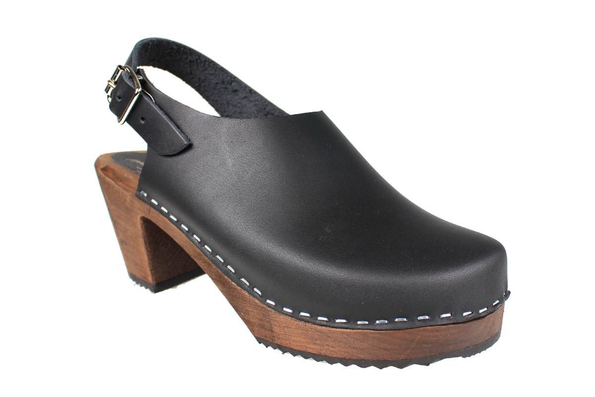 Slingback Clogs in Black on Brown Base