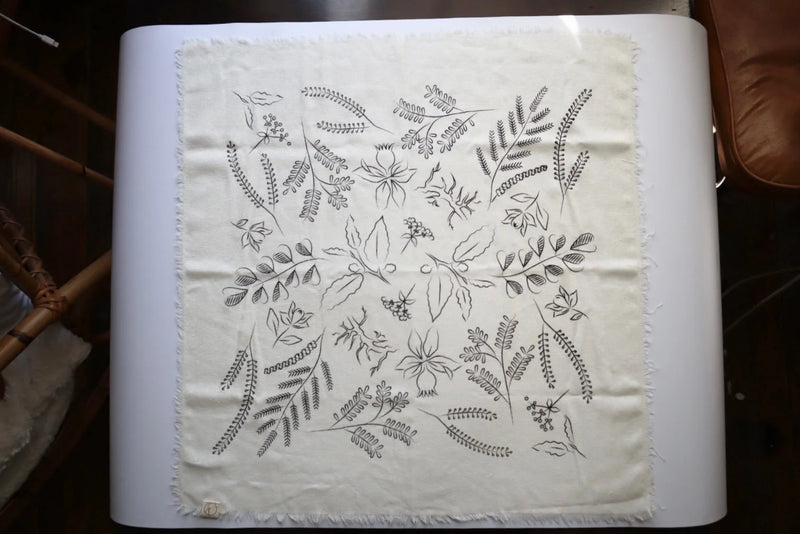 Botanical Patterned Raw Silk Bandana- Cream / Black