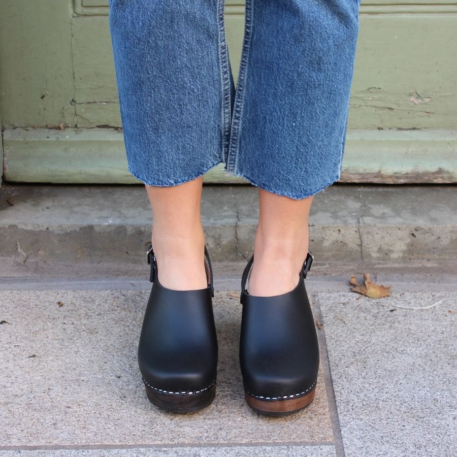 Slingback Clogs in Black on Brown Base