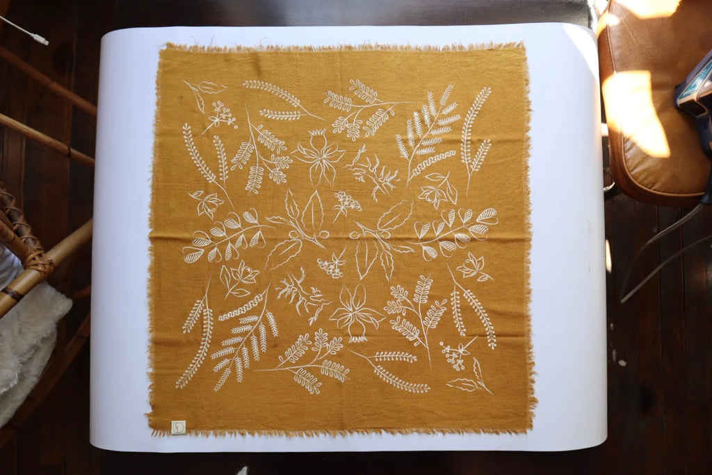 Botanical Patterned Raw Silk Bandana -  Desert Gold / White
