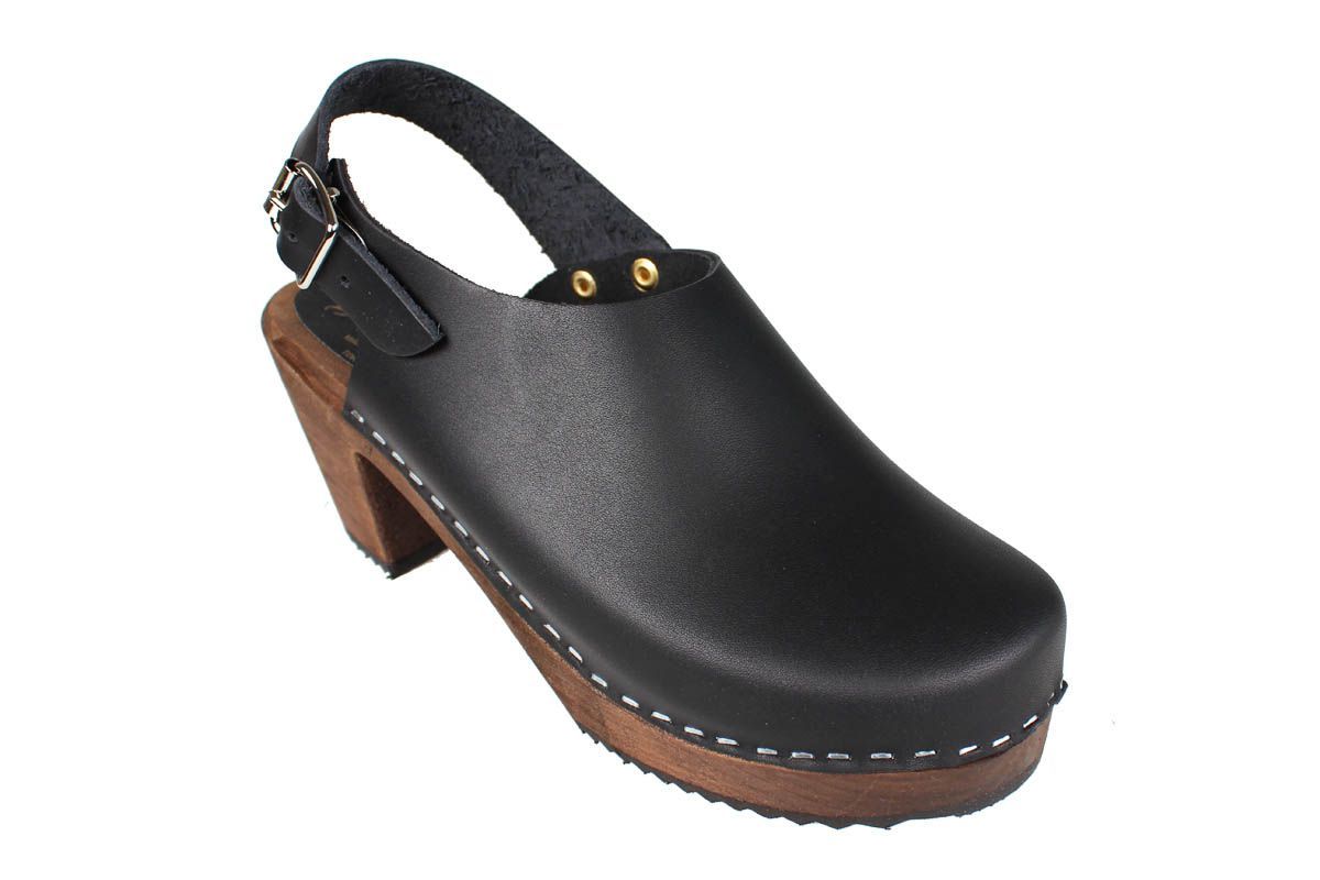 Slingback Clogs in Black on Brown Base