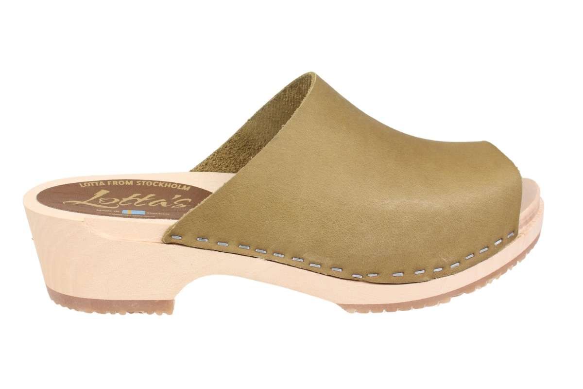 Berit Low Open Clog in Olive Oiled Nubuck