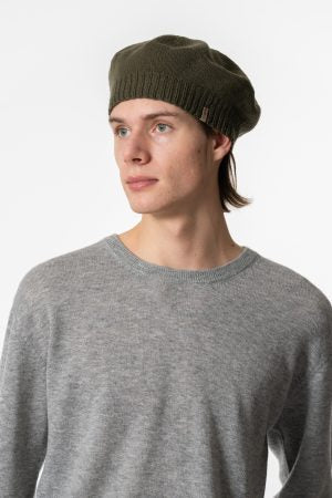Merino Handknit Beret in Olive Green