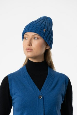 Merino Handknit Thick Rib Hat in Ocean Blue