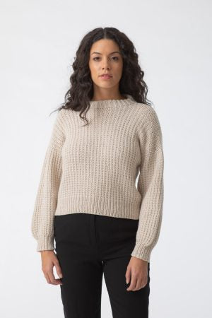Merino Handknit Rib Sweater in Almond White