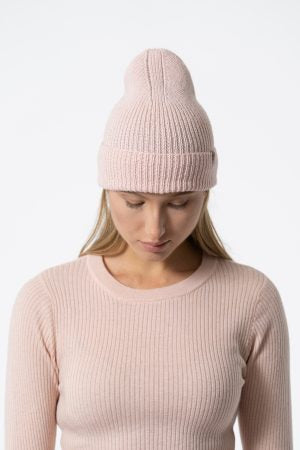 Merino Handknit Rib Hat in Blush Pink
