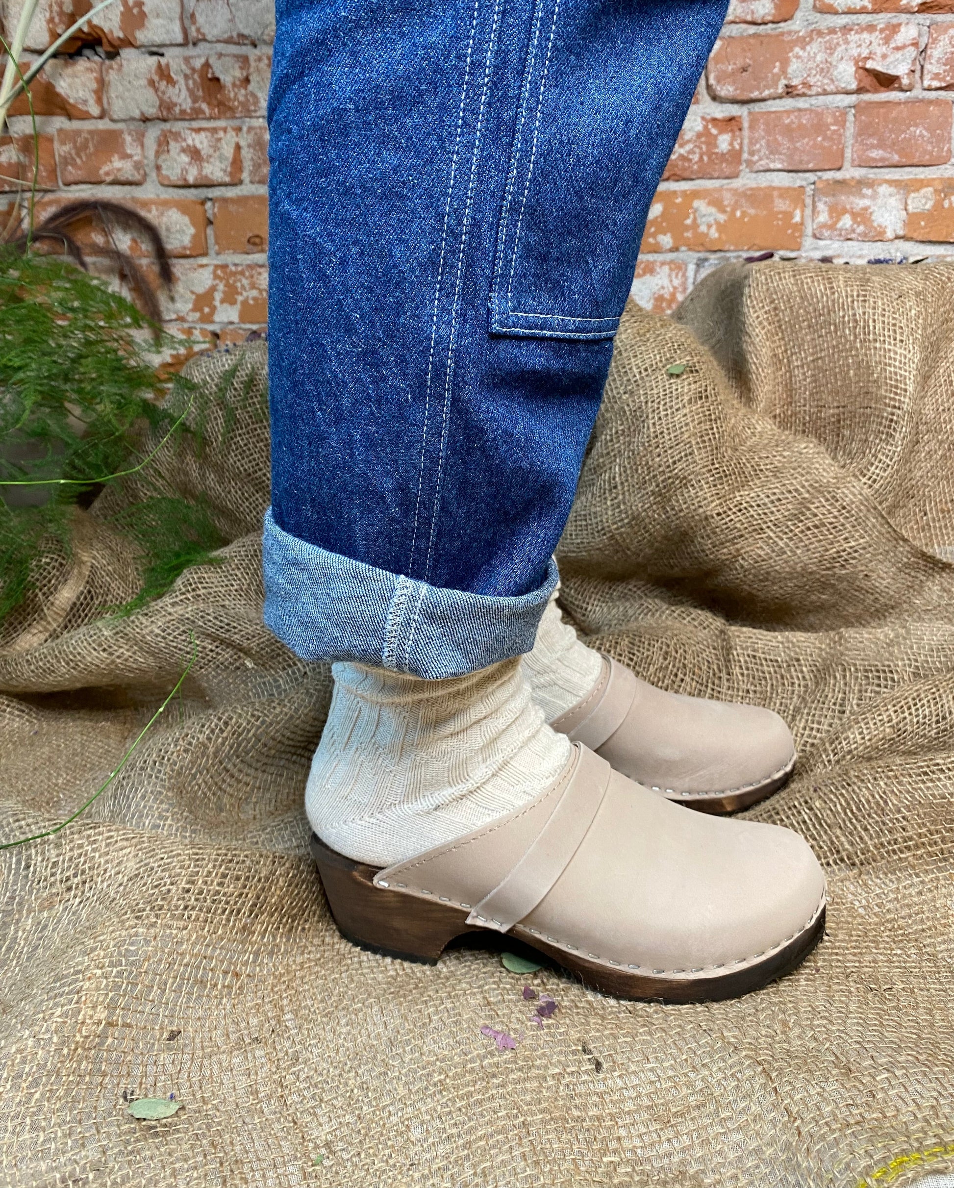 Lotta from Stockholm Classic Oatmeal Nubuck Clogs on Brown Base