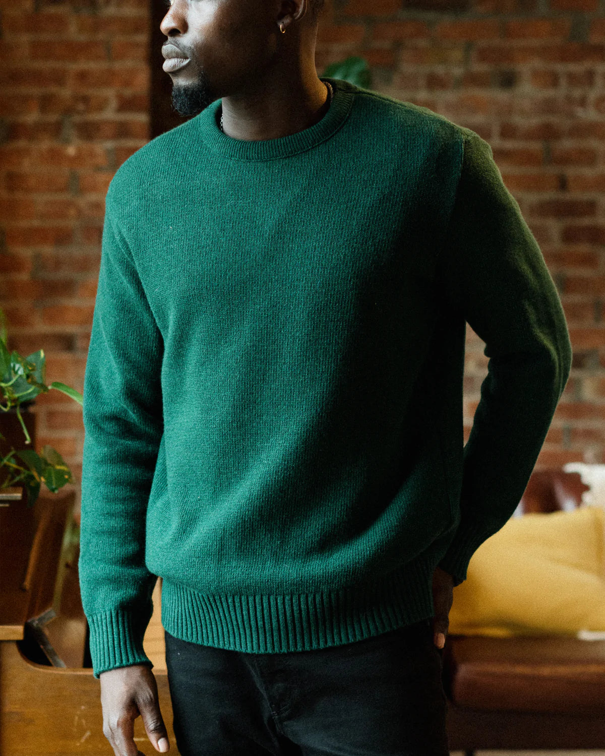 Green crew top neck sweater mens