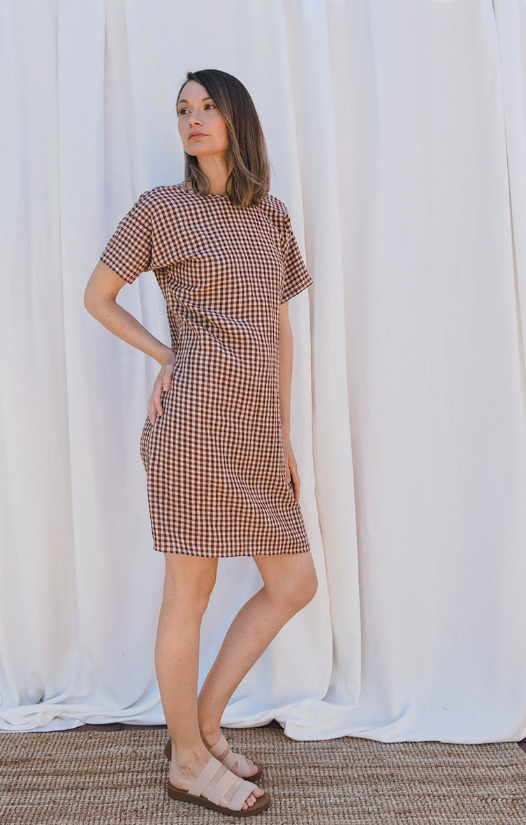 Scoop Back Dress in Brown & White Gingham Linen