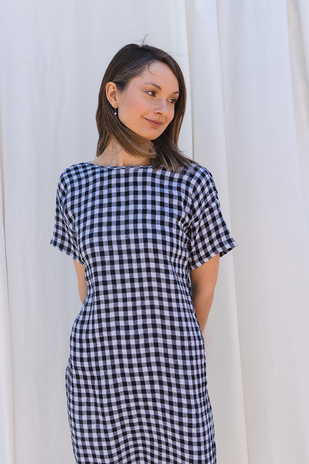 Scoop Back Dress in Black White Gingham Linen 4