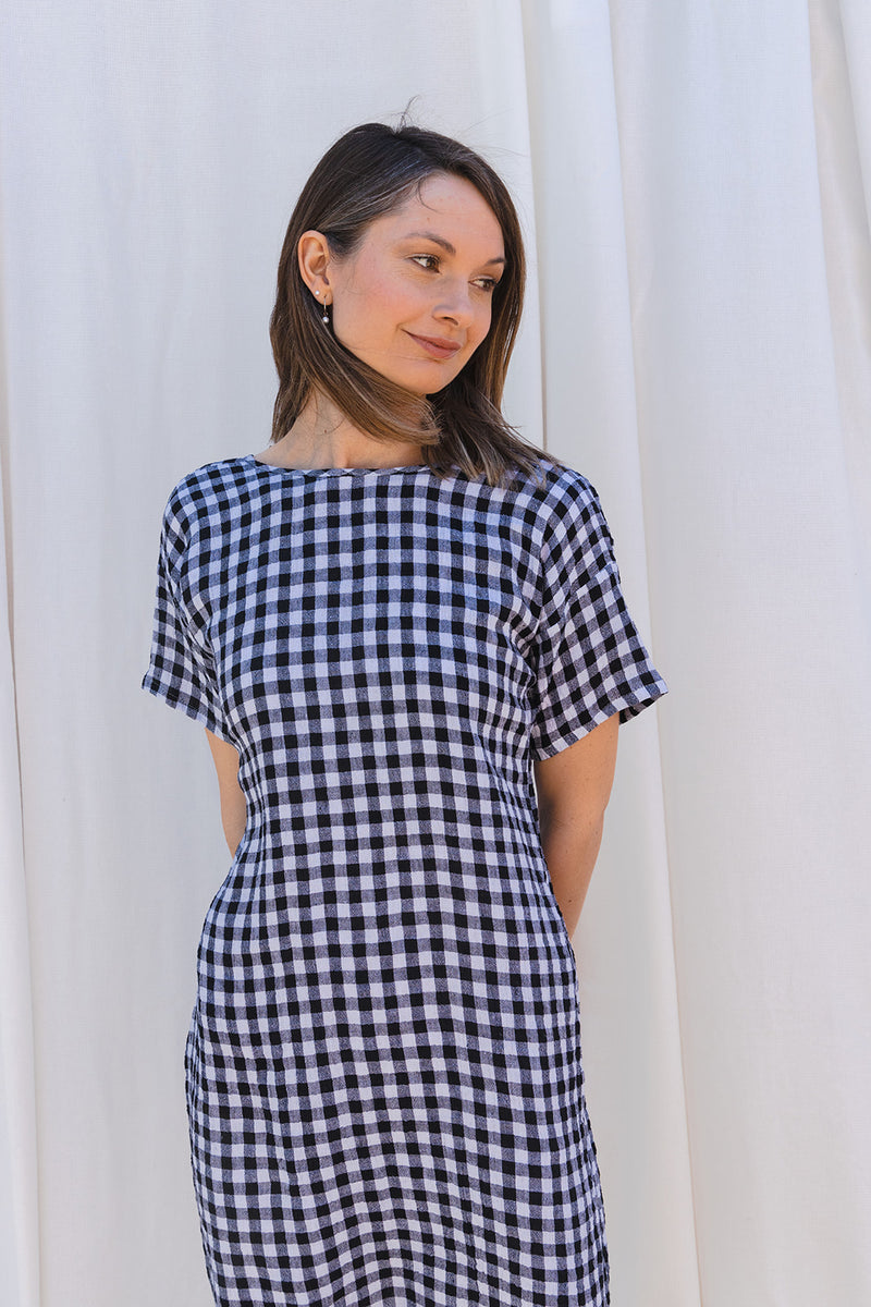 Scoop Back Dress in Black & White Gingham Linen