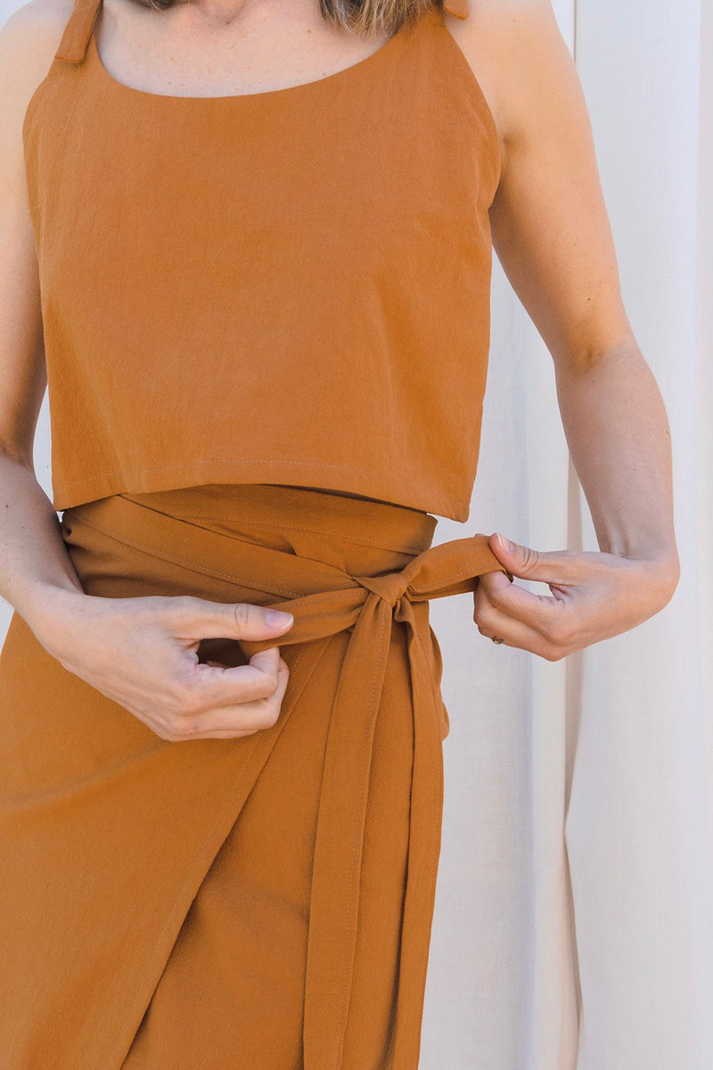 Tie Top + Wrap Skirt Set in Amber Cotton