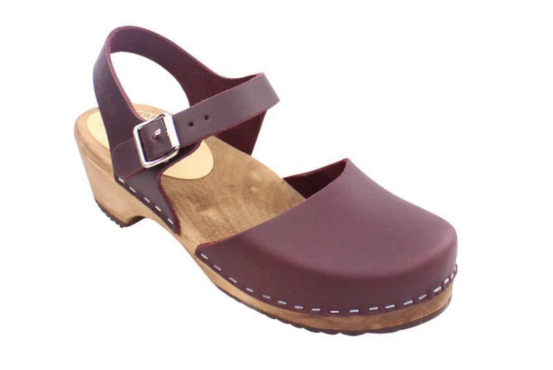 Low Wood Clogs in Aubergine on Brown Base