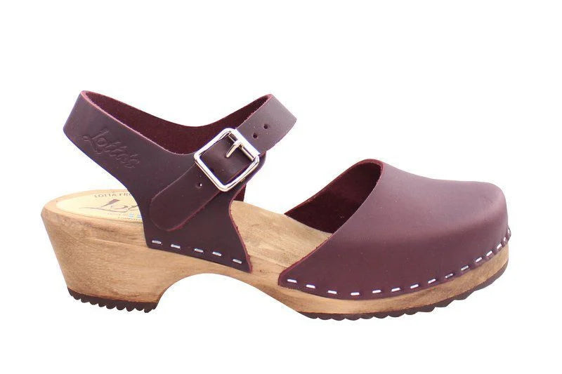 Low Wood Clogs in Aubergine on Brown Base