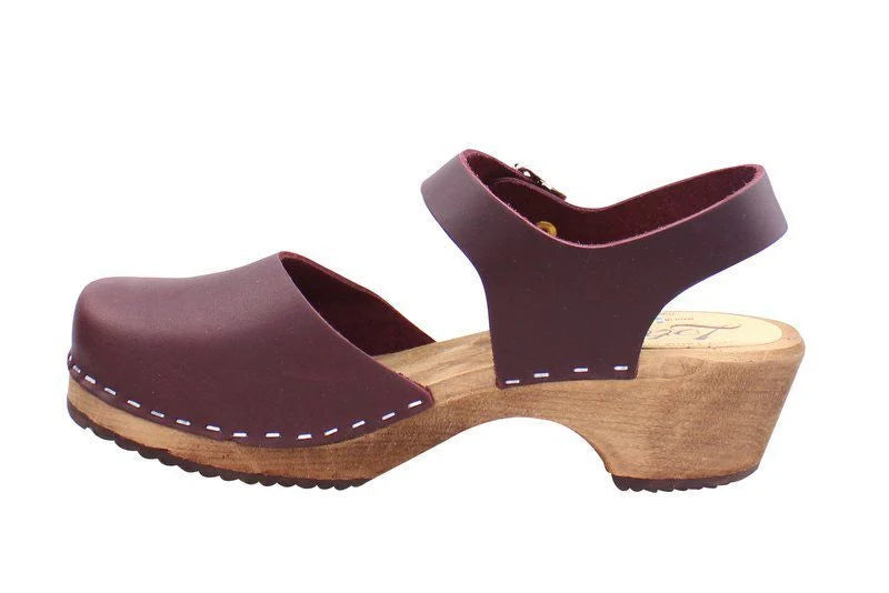 Low Wood Clogs in Aubergine on Brown Base