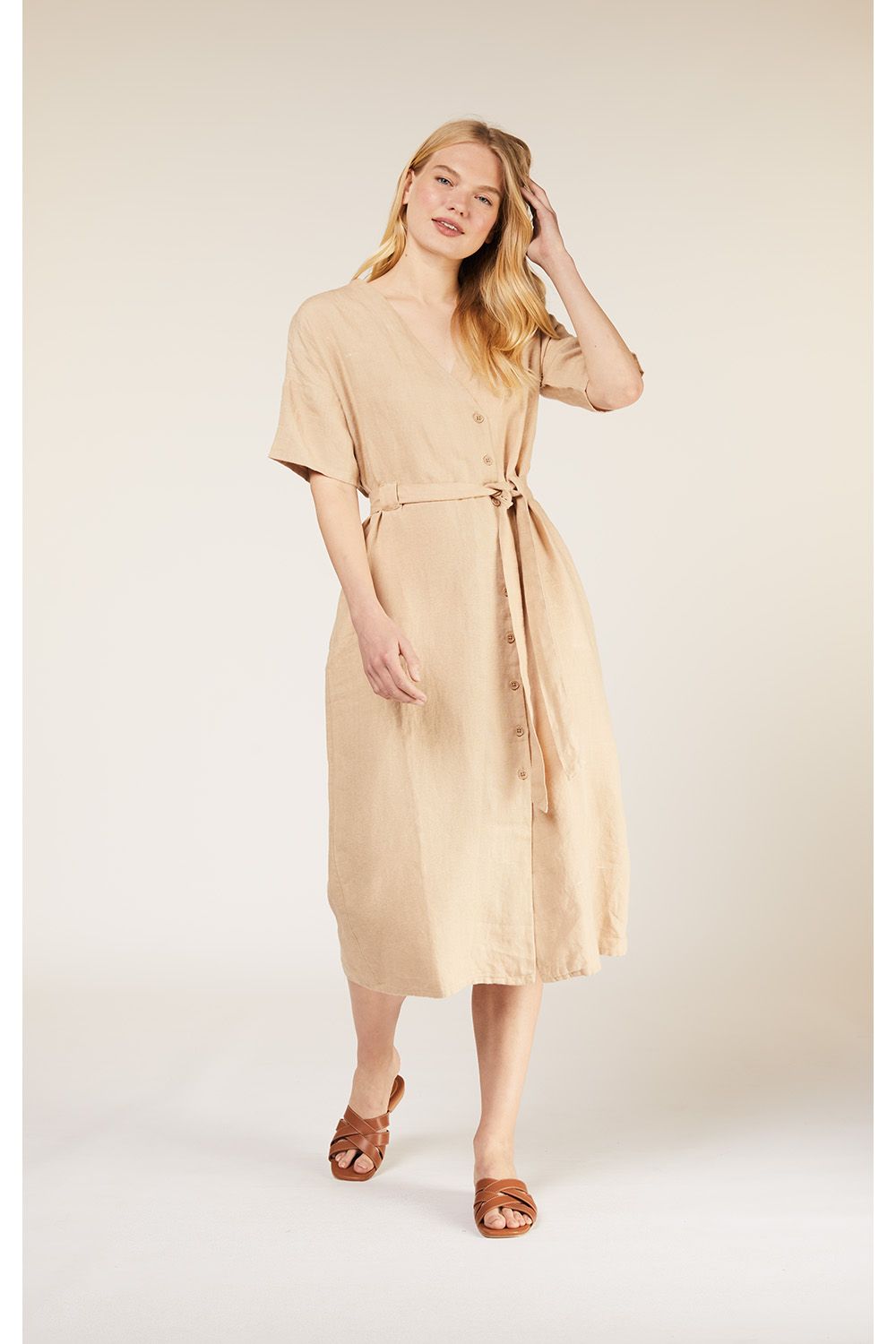 People Tree India Linen Dress in Stone